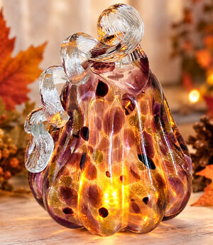 Lighted Blown Glass Pumpkin Gourd Purple Gold Autumn Fall Decor 6in